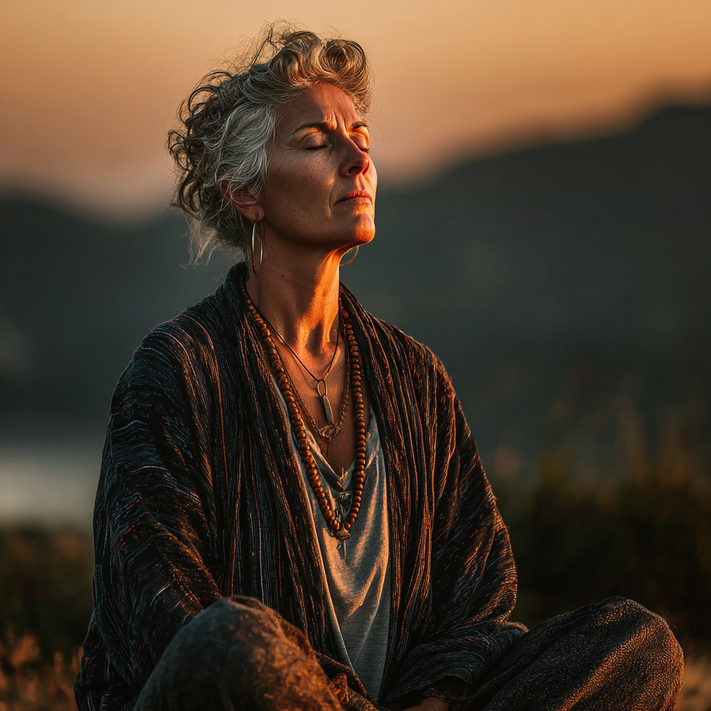 Peaceful woman in her 50s practicing yoga meditation pose outdoors in serene natural setting